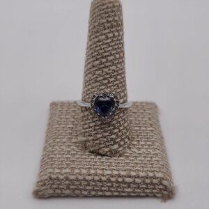 Size 10 Sterling Silver Blue Sapphire Heart With CZ Accents Band Ring A2732